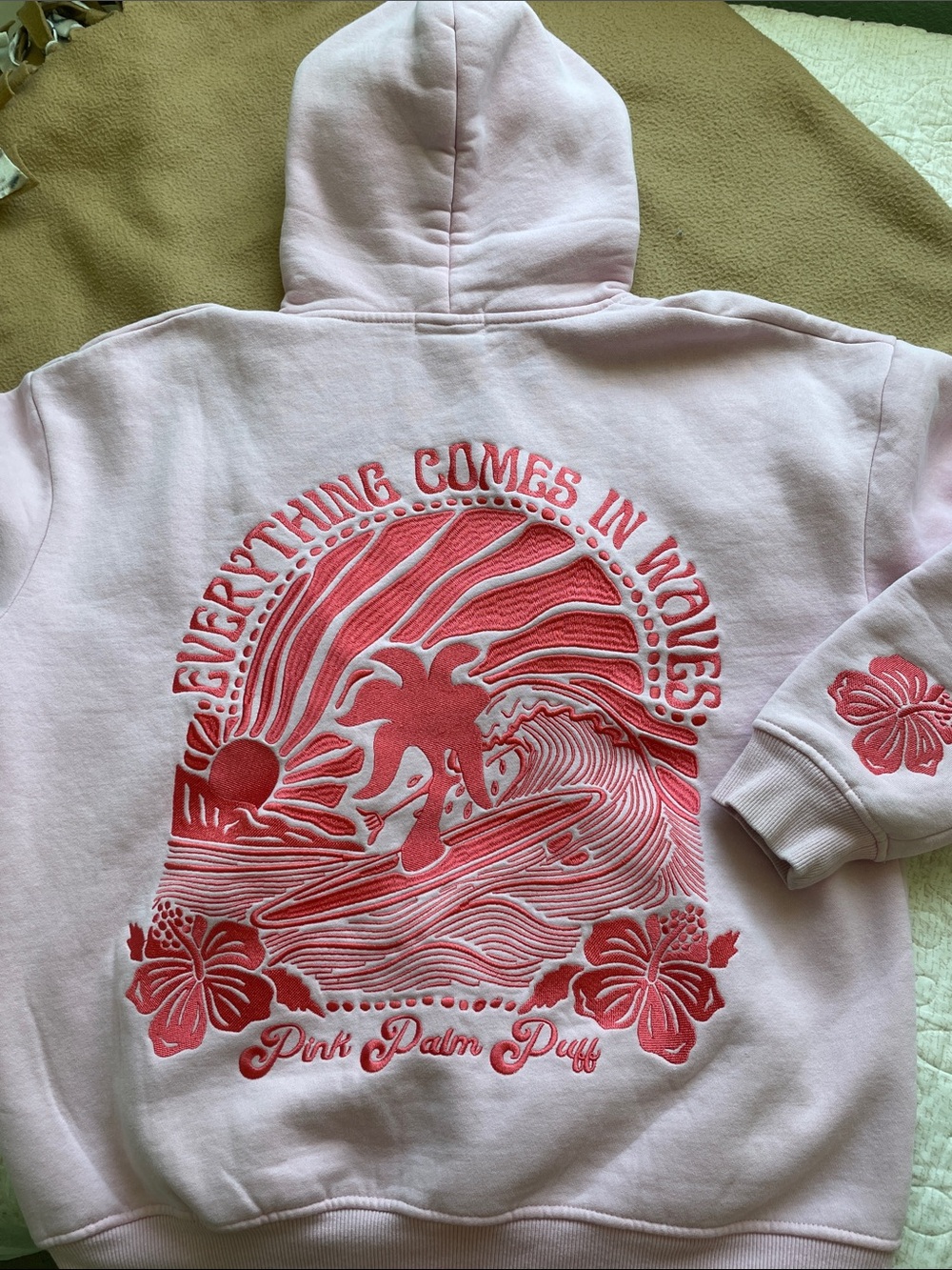 Pink Palm Puff Hoodie- Everything Comes In Waves - Picture 3 of 8